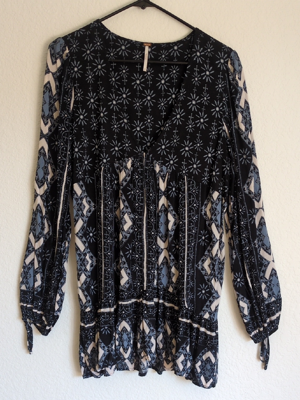 Free People Black and Light Blue Patterned Long-Sleeve Tunic Dress